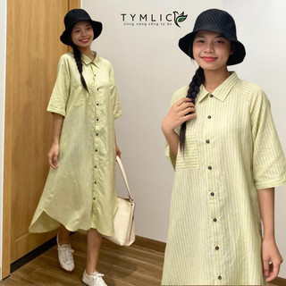 Đầm Sơ Mi Dáng Suông Tay Lỡ Chất Linen Hoạ Tiết Sọc Màu Xanh Cốm D423 TYMLIC