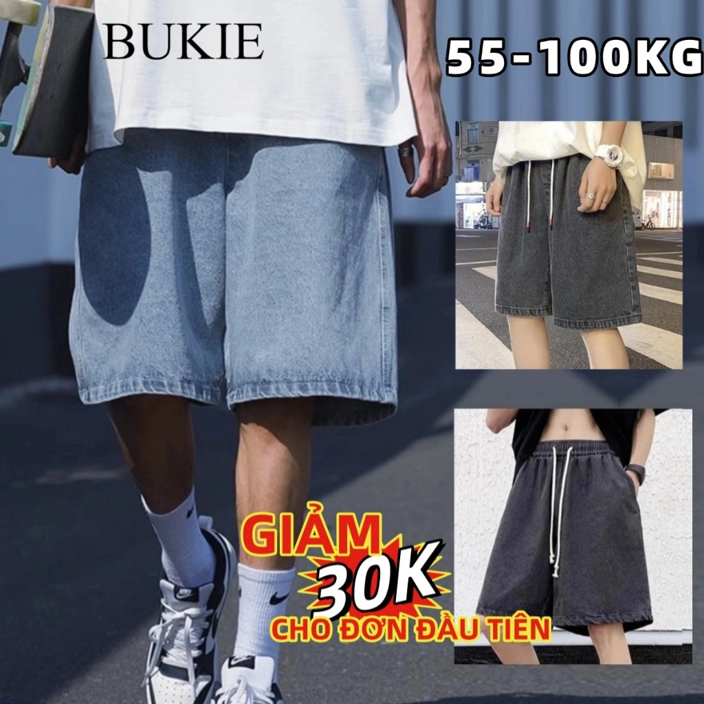 BUKIE quần short jean nam nữ quần jean đùi ống rộng baggy có dây rút chỉnh eo không xù form unisex