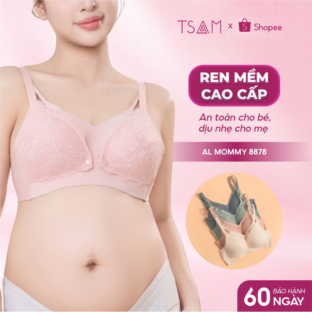 Áo lót bầu TSAM trước và sau sinh cotton pha ren thấm hút, nút cởi tiện lợi cho con bú Al Mommy Delty 8878