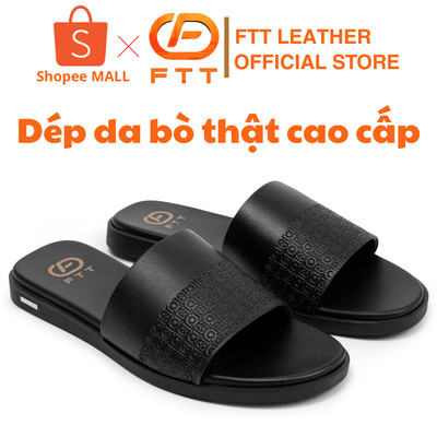 Dép da bò nam quai ngang phối họa tiết monogram FTT Leather đế cao su cao cấp siêu nhẹ đi êm chân