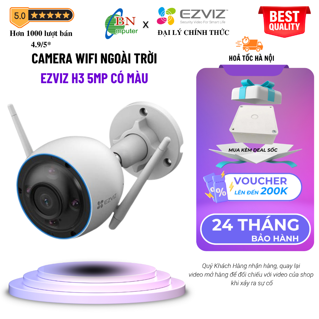 Camera wifi có màu Ezviz CS-H3 5MP siêu nét, lắp ngoài trời, chính hãng
