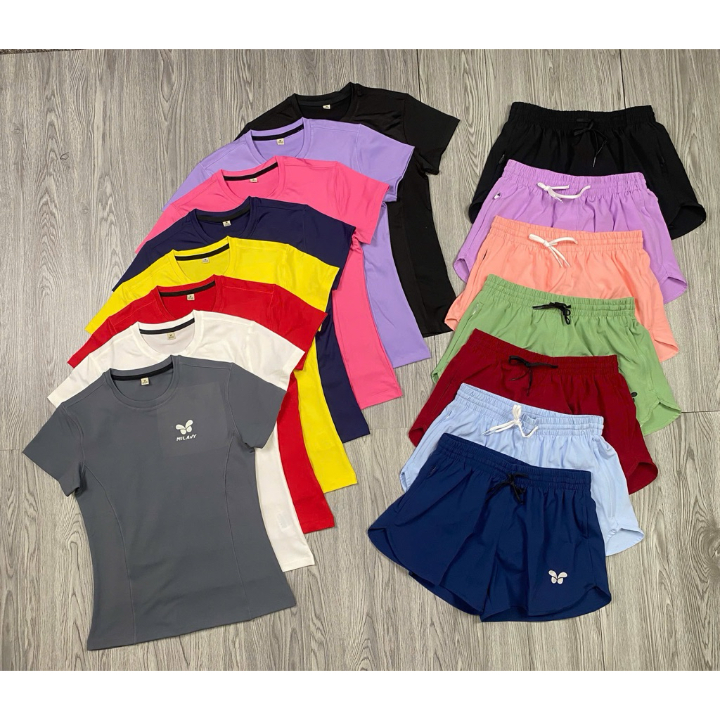 Bộ Đồ Tập Thể Thao Nữ MILAVY Quần Short 2 Lớp Khoá Túi Vải Dù Kèm Áo Thun Tay Ngắn (Mẫu 1)