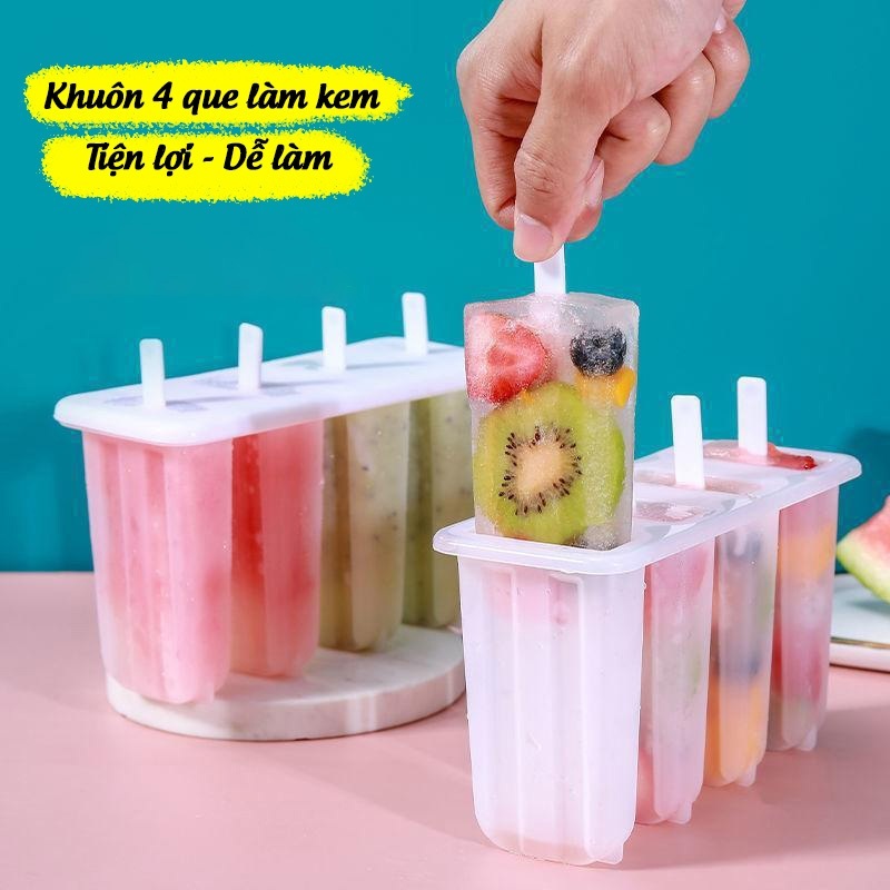  🏵️🏵️1 Bộ 4 Khuôn Làm Kem Que Bằng Nhựa Cấp Thực Phẩm Khuôn làm kem que làm đá 4 ngăn tại nhà dung tích lớn tiện lợi 11cm 