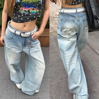 (sẵn) Quần jean wash ống rộng xanh nhạt hoạ tiết thêu túi chỉ nâu QJCT013 - Tiktik