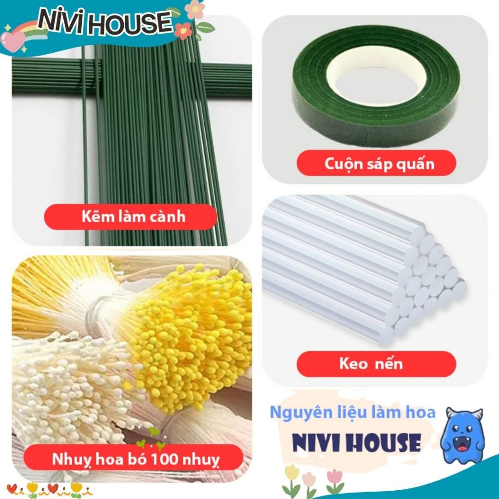  Phụ kiện làm kẽm nhung Kẽm cành - Keo nến - cuộc sáp - đèn led - nhuỵ hoa - túi đựng hoa - Nivihouse 