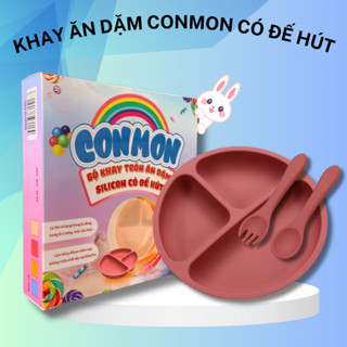  Khay ăn dặm Conmon có nắp đậy 3 ngăn kèm thìa dĩa cho bé khay ăn dặm silicon có đế hít chống đổ thìa dĩa ăn dặm 