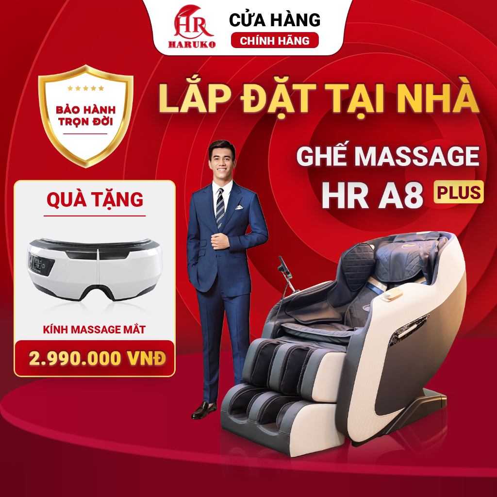 Ghế massage toàn thân HR Haruko A8 Plus, máy massage cao cấp con lăn di chuyển mát xa 4D