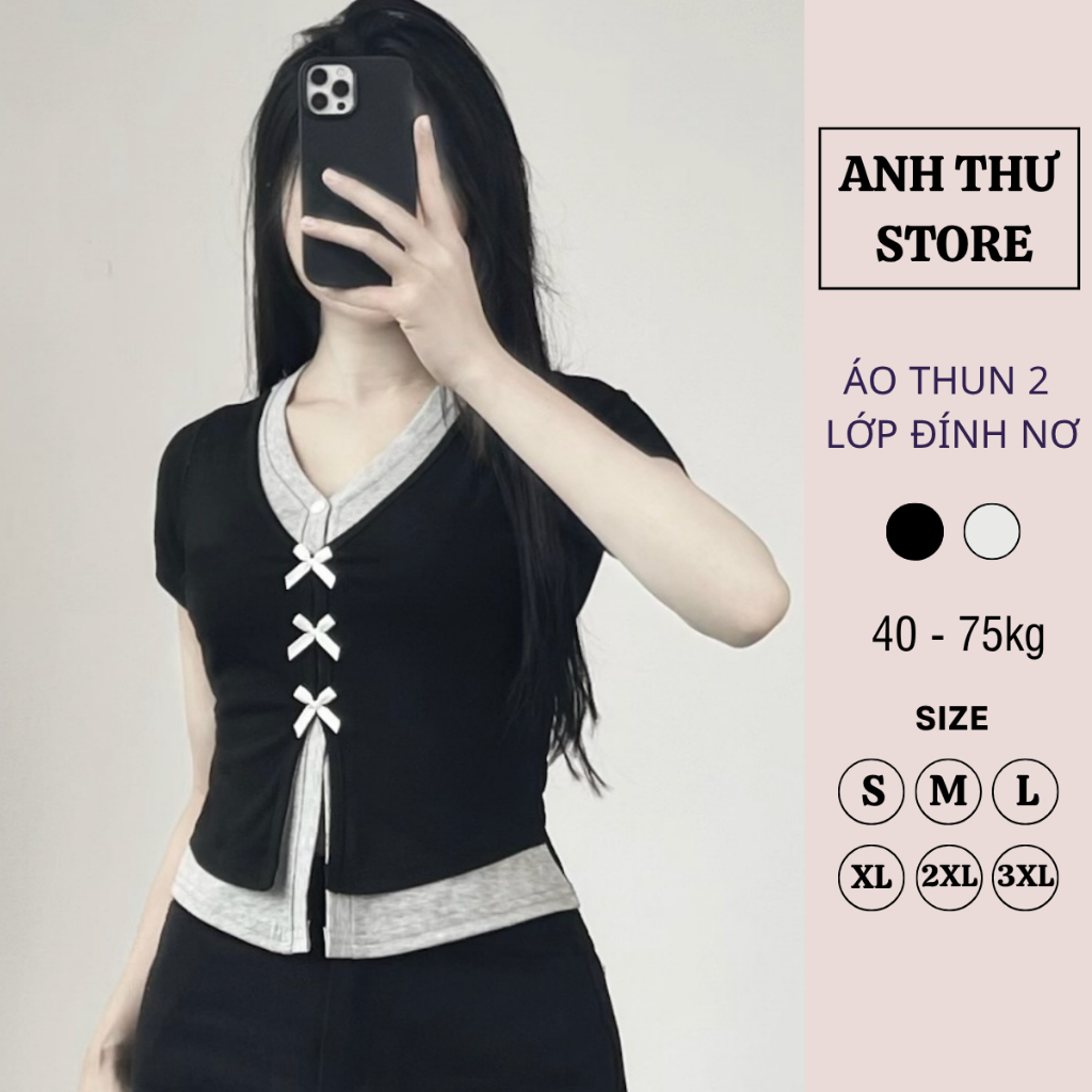 Áo Thun Nữ Cotton Cộc Tay Cổ Tim Đính Nơ 2 Lớp Phối Màu Điệu Đà Form Ôm BigSize MiSoul, Áo Cộc Tay Cổ Tim Đính Nơ 376 | BigBuy360 - bigbuy360.vn