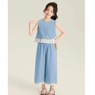 Set Đồ Jean Bò Giấy Bé Gái Nexxi Áo Xòe Đính Nơ & Quần Ống Suông Viền Ren – Mềm Nhẹ, Dễ Thương