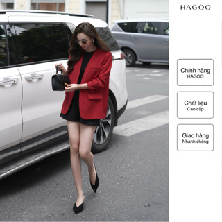Áo Blazer nữ không ve dài tay dáng dài HAGOO 4 màu Đen/Đỏ/Trắng/Nâu [ B459 ]