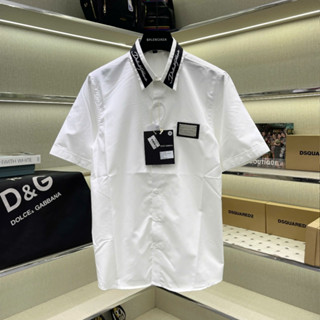 Áo sơ mi trắng nam ngắn tay PB lụa nến thêu logo Đôn Chề sắt ngực phối sọc chữ viền cổ basic SMC58P