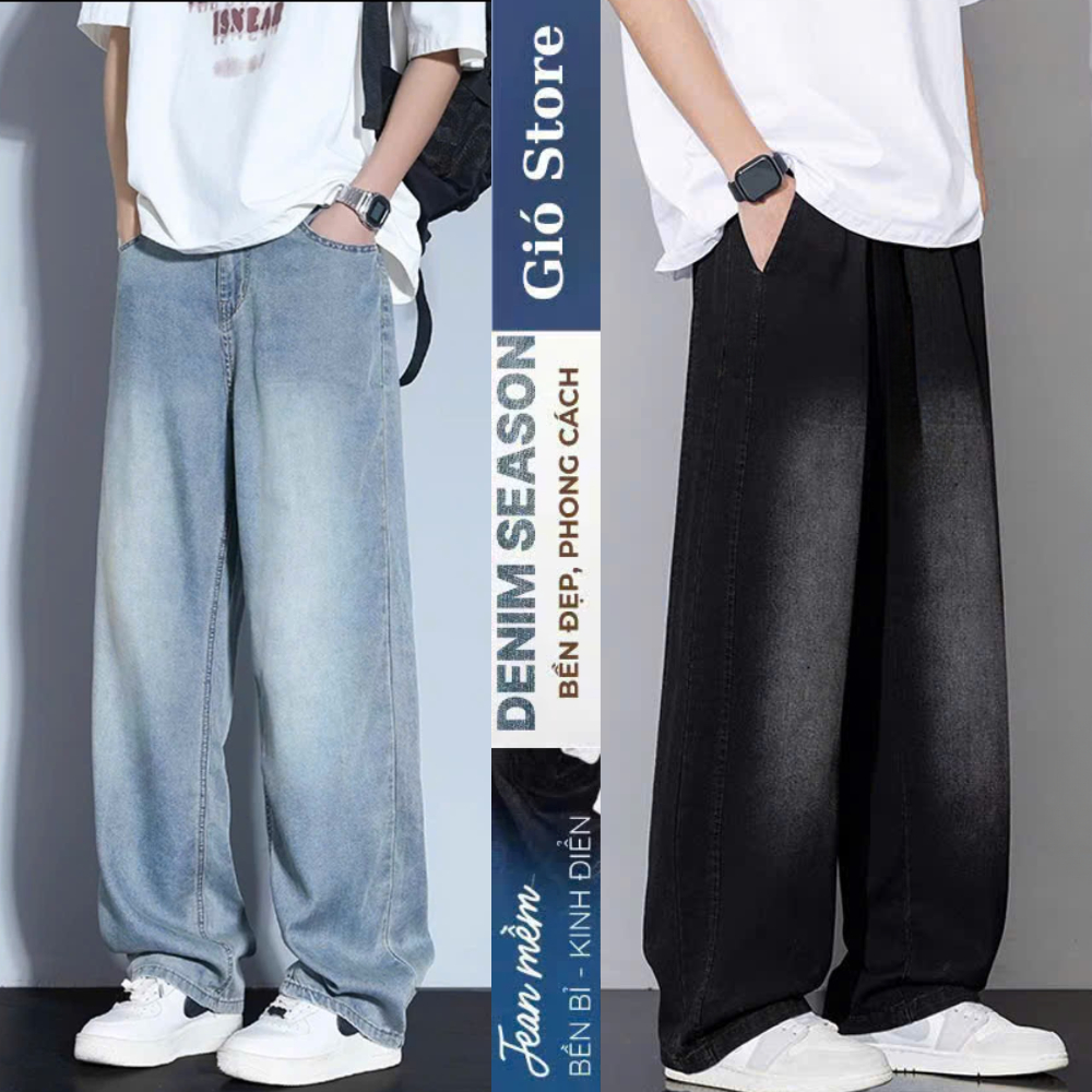 Quần Jean Nam ống suông, ống rộng Wash xanh retro, SMOKE, vintage, Quần bò nam, Jeans baggy Cao Cấp