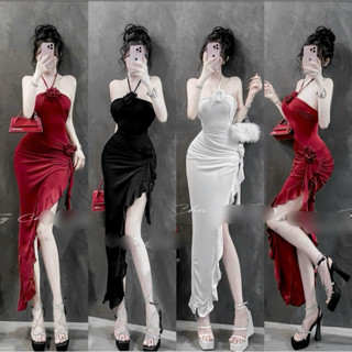  đầm maxi yếm xẻ tà sang chảnh thun dẻo uni  llt8 