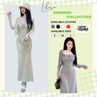 Váy bầu thiết kế, đầm bầu thu đông babydoll set 2 dây trang trí hoa thêu ngực xinh xắn, kèm áo khoác hot hit, len tăm