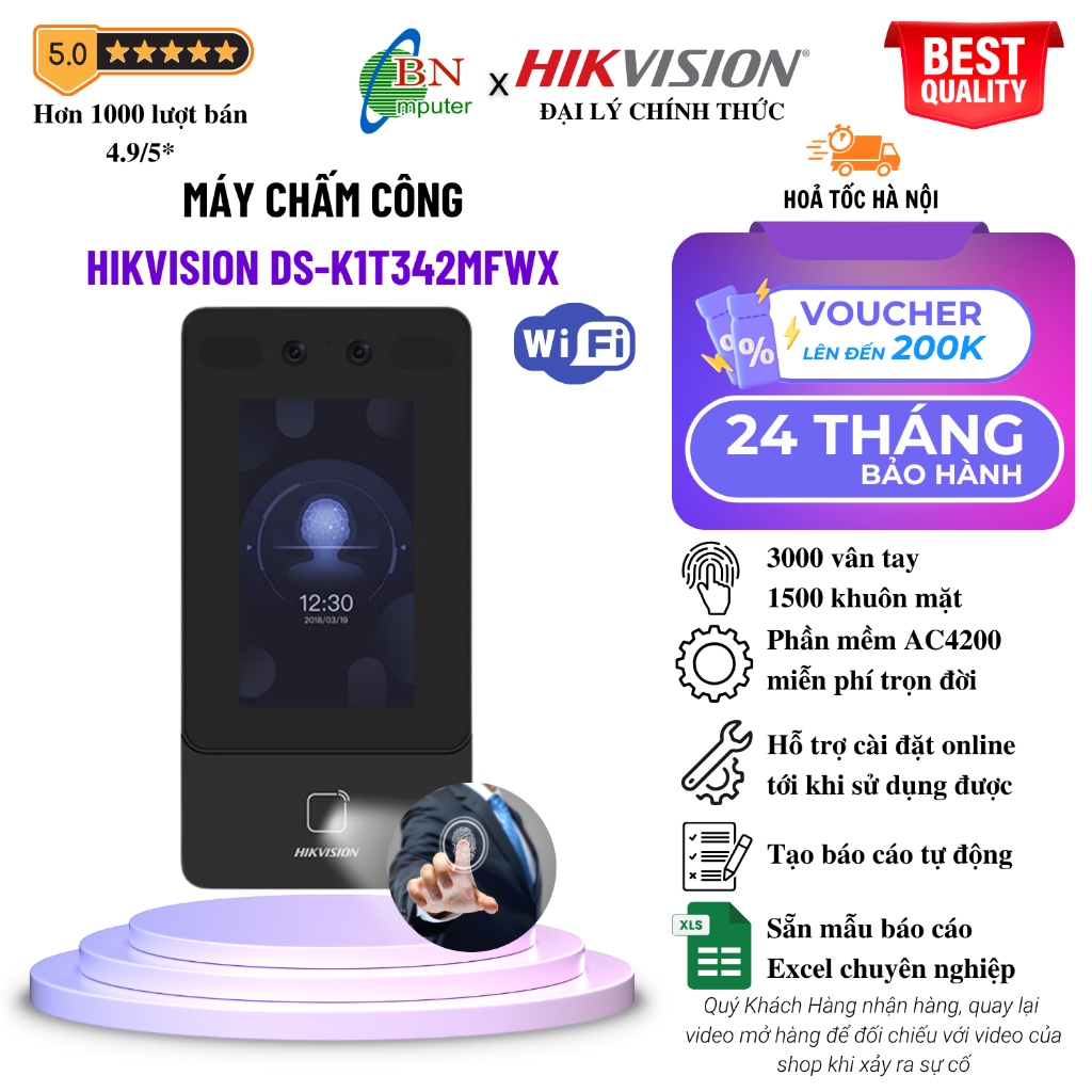Máy chấm công DS-K1T342MFWX Hikvision khuôn mặt, vân tay, thẻ từ, màn hình LCD 4.3inch, chính hãng
