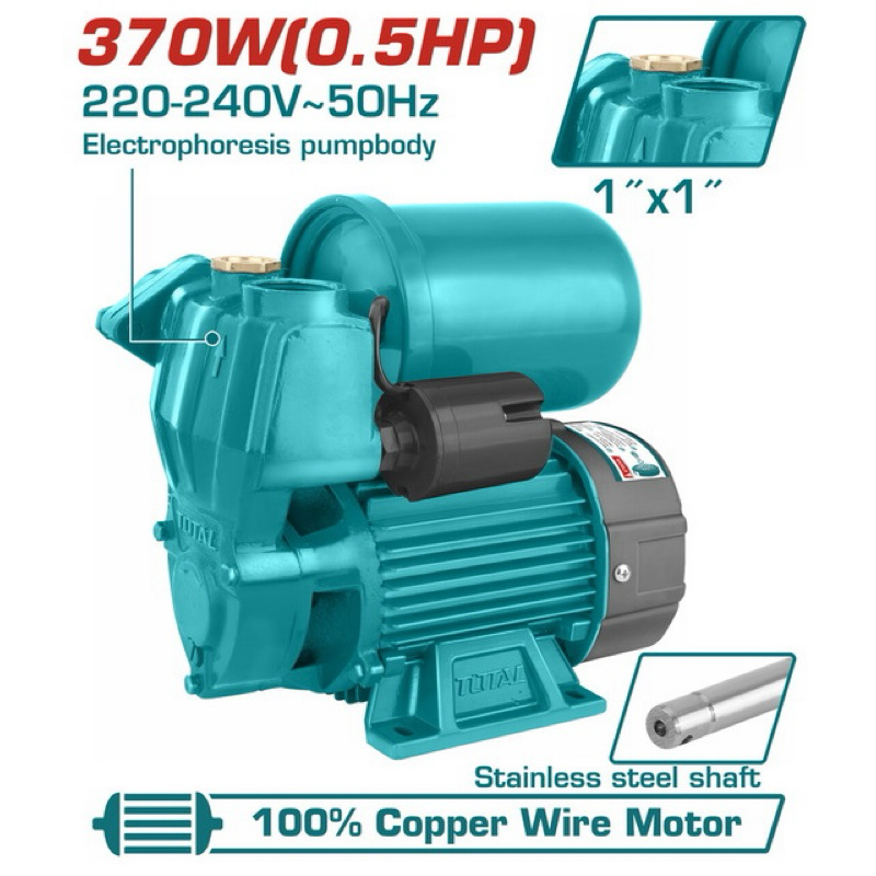 Máy bơm nước động tự mồi Total TWP93706, 370W (0.5HP), max đầu 32m, lưu lượng 35L/phút
