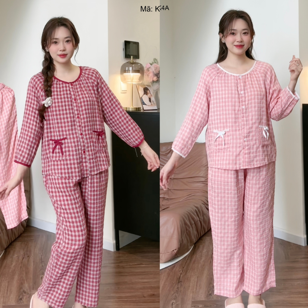 Đồ bộ pijama nhà Lila dài tay áo quần có túi kẻ caro cao cấp mềm mịn, mát khi mặc