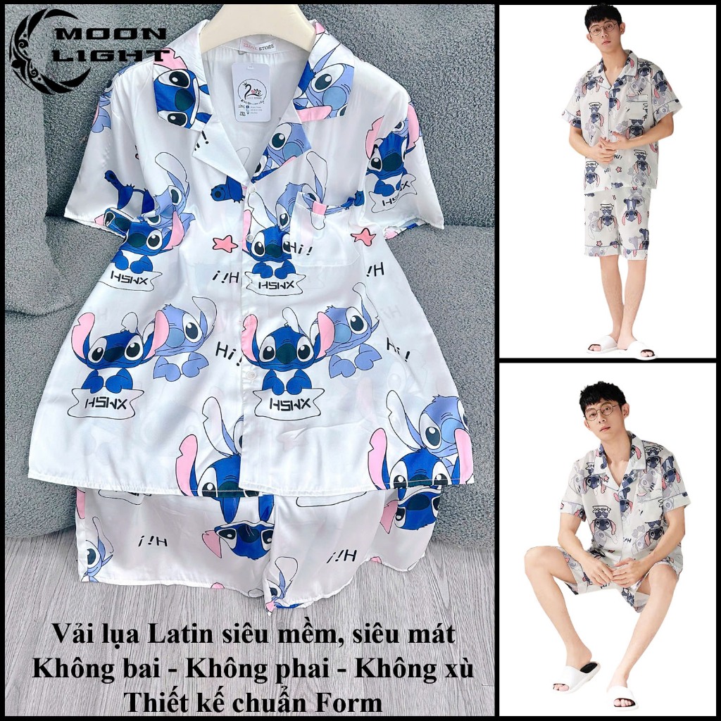 Bộ đồ ngủ nam vải lụa satin mềm mại thoáng mát họa tiết hình Stitch