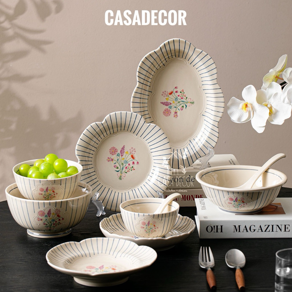 Bộ bát đĩa gốm sứ, bộ bàn ăn, set bát đĩa sứ, set bàn ăn sứ cao cấp hoạ tiết hoa vintage vườn hạ