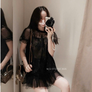 MIU.STUDIO • “Virey Set” Set áo ren hoa tay ngắn bồng thiết kế cổ bèo phối lưới cao cấp kèm váy ngắn xoè tiểu thư (sẵn)