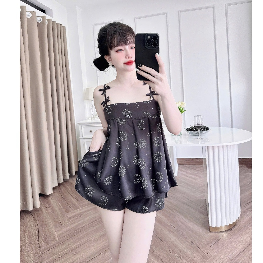 Đồ ngủ 2 dây nữ, đồ ngủ sexy quần đùi dây cột nơ phối màu [DN92IN]