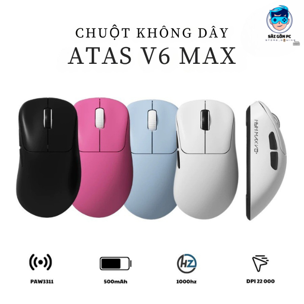 Chuột gaming không dây ATAS V6 MAX - 3 mode - Pin 500mAh - Có app - DPI 22 000 - Chip PAW3311