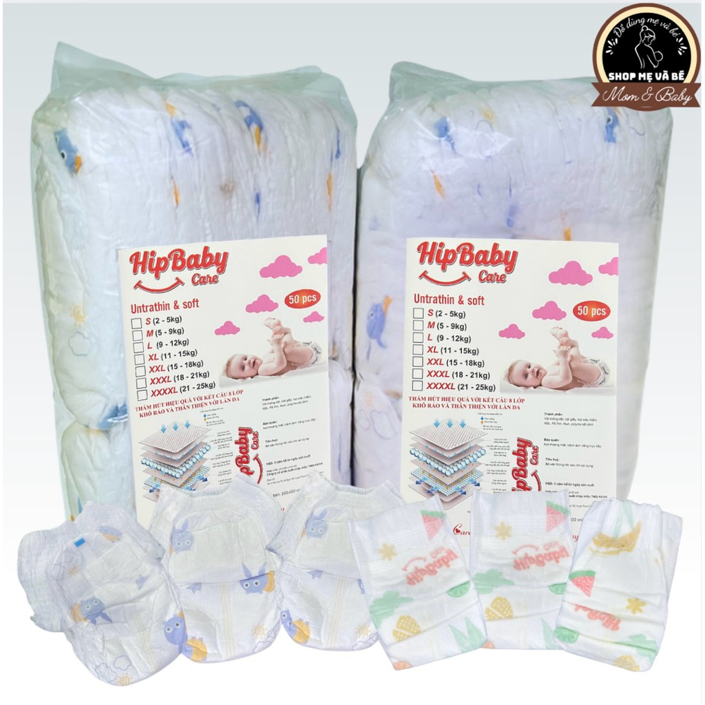 100 miếng bỉm Quần/Dán Hipbaby Care (Mác mới) Đủ size S-3XL cho bé