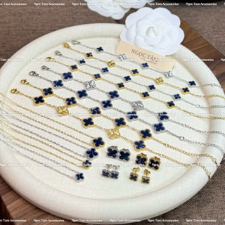  Bộ 3 món vòng cổ nữ bốn lá Vòng tay cỏ 4 lá không han gỉ khuyên tai XANH THAN NAVY 