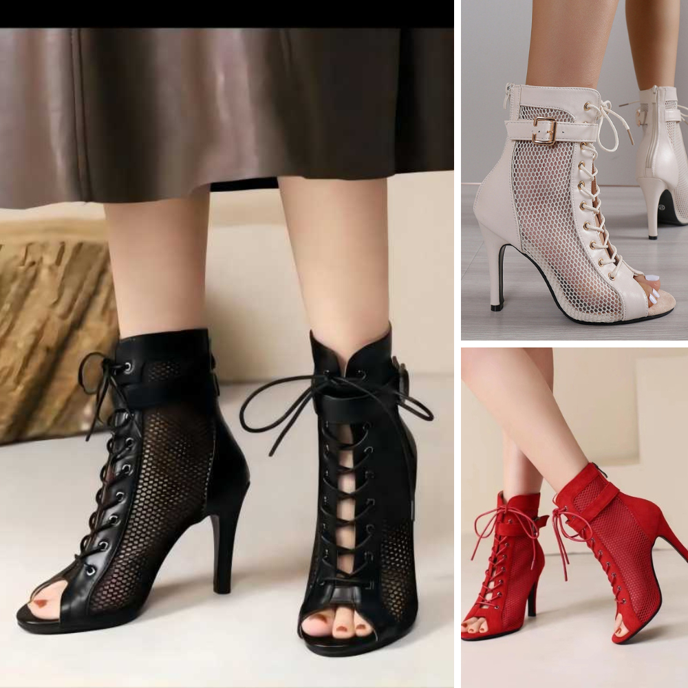 [ 3 màu size 35- 40] Giày boot lưới nữ cổ ngắn CỘT DÂY ôm chân màu đen/ đỏ/ kem gót nhọn 10cm GBN129