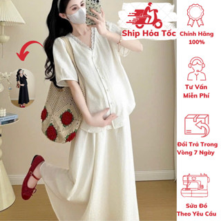 [ GIÁ MỞ BÁN ] ( 40kg - 85kg ) Set Áo + Chân Váy Bầu Và Sau Sinh , Cổ Ren MV , Form Dễ Mặc , MCN