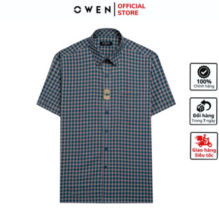 Áo sơ mi ngắn tay nam OWEN AB250063NT somi công sở cao cấp vải sợi tre mềm mát màu vàng kẻ xanh tím than dáng body fit t