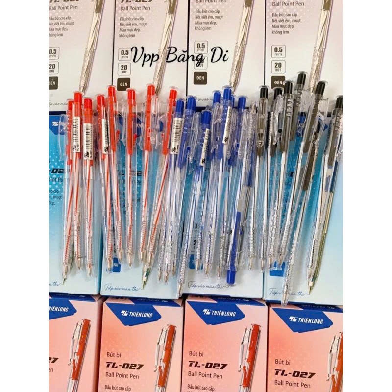 Hộp 20 bút bi 027 Thiên Long xanh, đỏ, đen