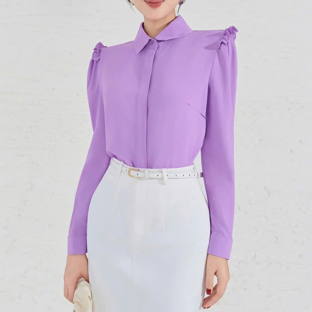 Áo Kiểu Sơ Mi Lụa Mango Ý Thiết Kế Cổ Điển Tay Dài Cách Điệu Màu Trơn Thanh Lịch Minh Minh MS068