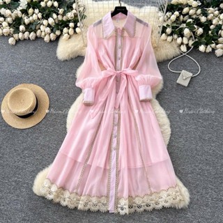  HA6094  Order  Đầm cổ sơ mi dài tay viền ren nút gài kèm lót buộc eo phong cách retro vintage đủ size 