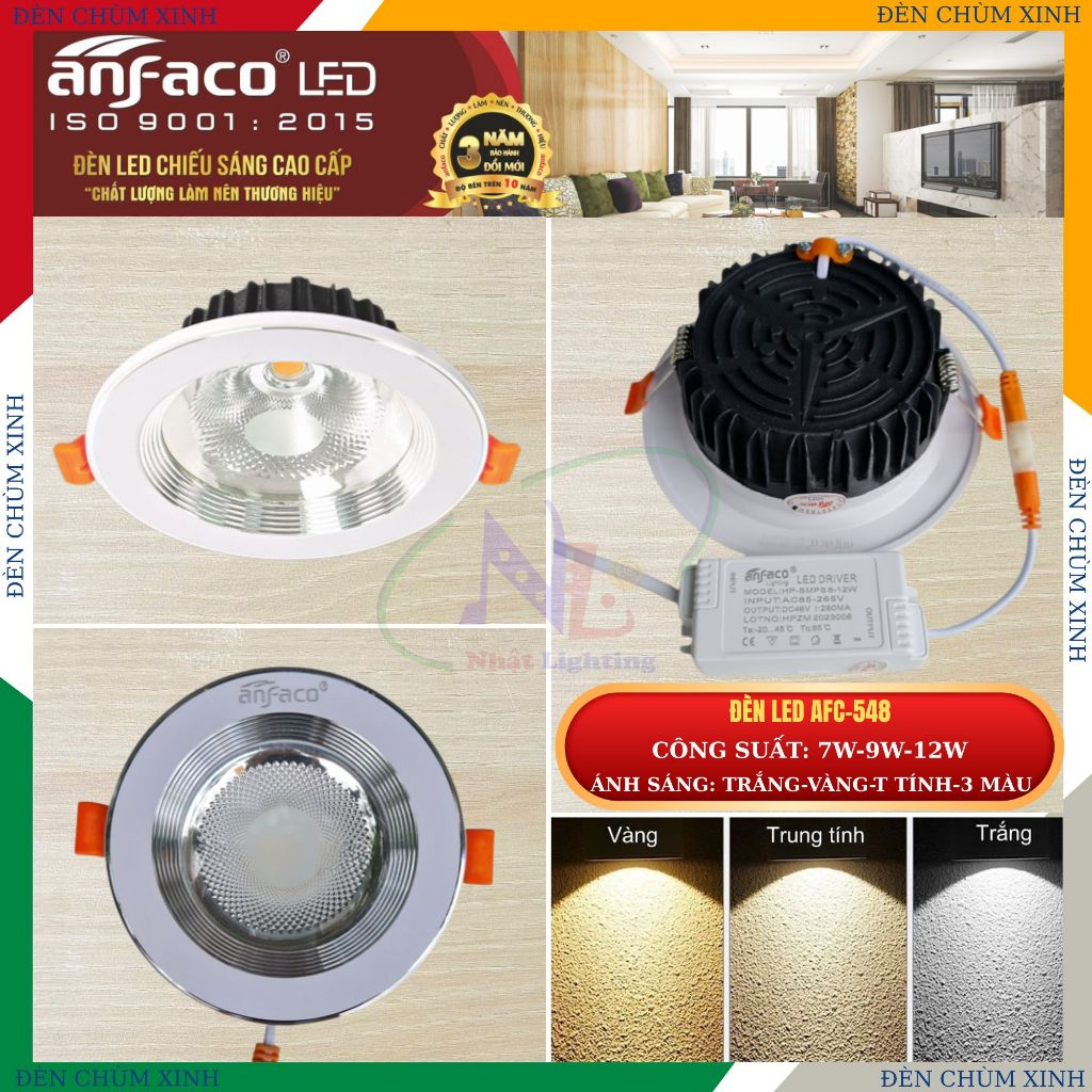 [ ĐÈN CHÙM XINH ] Đèn âm trần, đèn led downlight chính hãng (0526) ANFACO AFC-548/7W/9W/12W