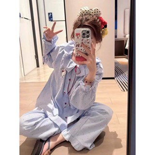 Bộ đồ ngủ dài tay nữ Influencer cổ sen thêu mèo hello kitty phong cách Hàn Quốc thời trang thu đông 051