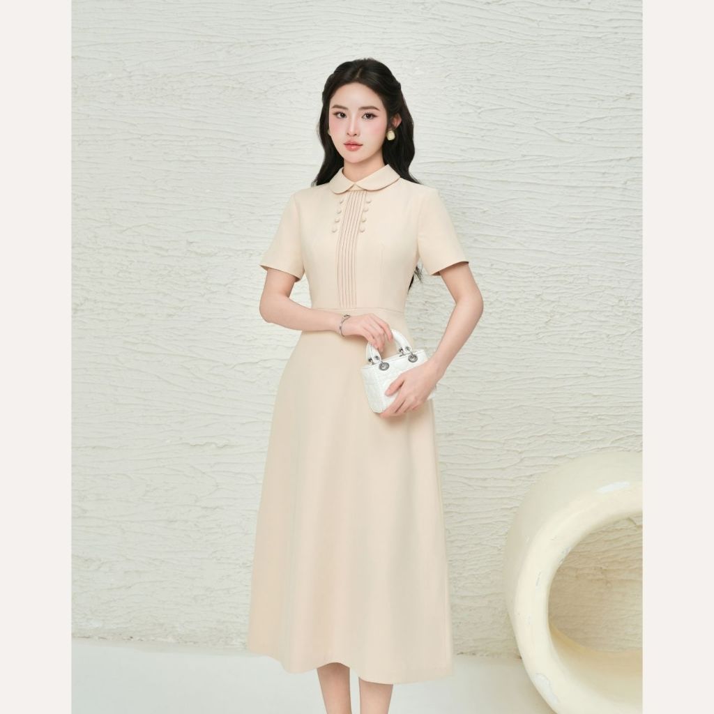 Váy liền thân dáng dài thiết kế cổ sen phối cúc, đầm kiểu nữ xếp ly ngực tiểu thư Linly Store V-VD11 | BigBuy360 - bigbuy360.vn