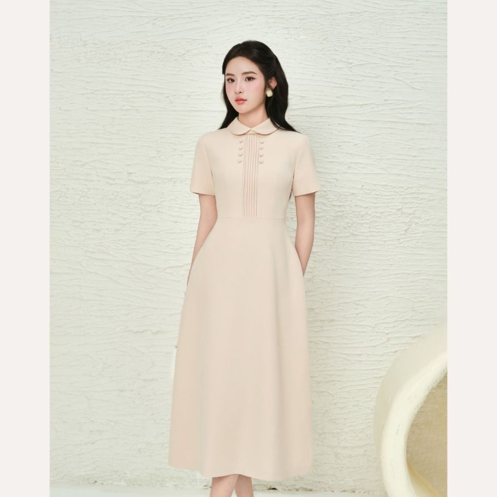 Váy liền thân dáng dài thiết kế cổ sen phối cúc, đầm kiểu nữ xếp ly ngực tiểu thư Linly Store V-VD11 | BigBuy360 - bigbuy360.vn