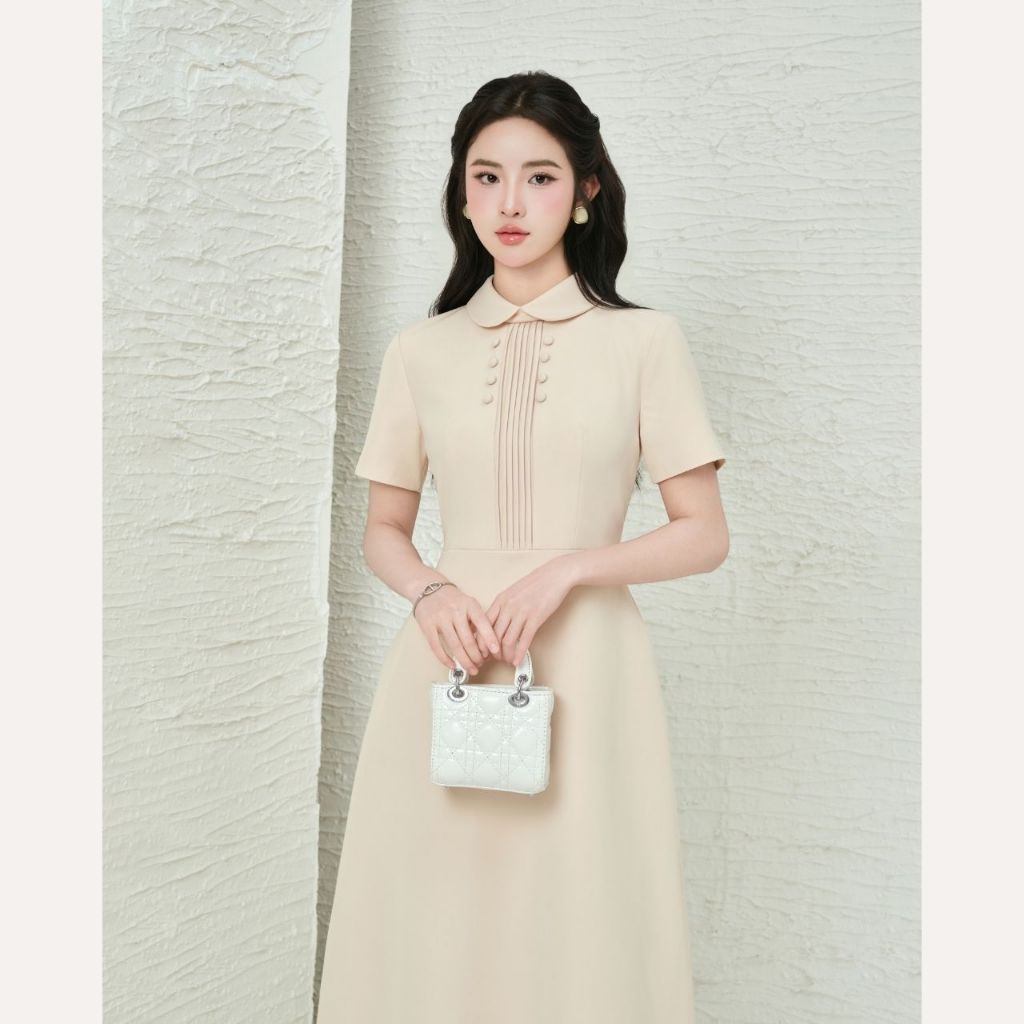 Váy liền thân dáng dài thiết kế cổ sen phối cúc, đầm kiểu nữ xếp ly ngực tiểu thư Linly Store V-VD11 | BigBuy360 - bigbuy360.vn