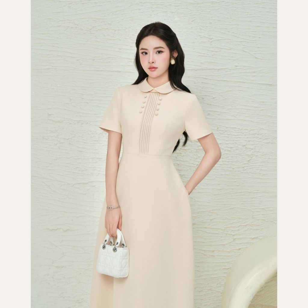 Váy liền thân dáng dài thiết kế cổ sen phối cúc, đầm kiểu nữ xếp ly ngực tiểu thư Linly Store V-VD11 | BigBuy360 - bigbuy360.vn