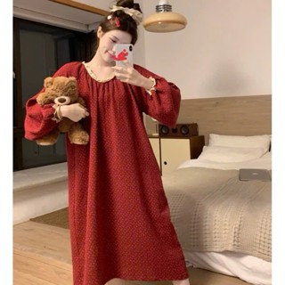 Đầm váy ngủ nữ suông dài tay mặc nhà phối viền ren tay bồng màu đỏ hoa nhí đầm bầu tiểu thư thu đông 052