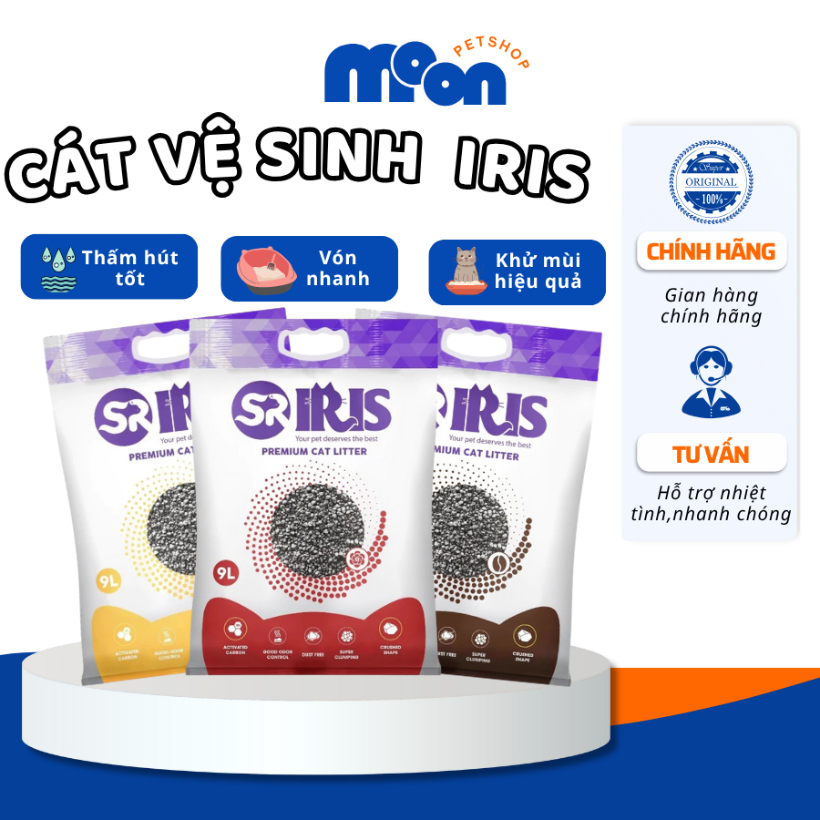 ( COMBO 3 TÚI ) Cát vệ sinh cho mèo, cát đất sét than hoạt tính IRIS không mùi, vón cục tốt túi 9L