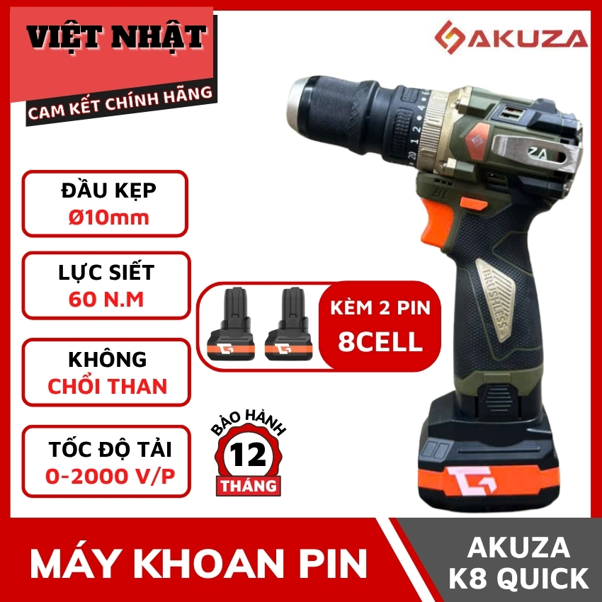  Máy Khoan Pin AKUZA K8 QUICK Đầu 4 trong 1 kèm 2 pin lớn 8cell không chổi than khoan pin giá rẻ 