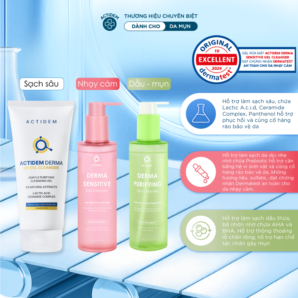 Gel rửa mặt ngừa mụn cho da dầu, nhạy cảm, da hỗn hợp Actidem Derma pH/Sensitive/Purifying Gel Cleanser 30/150/180ml
