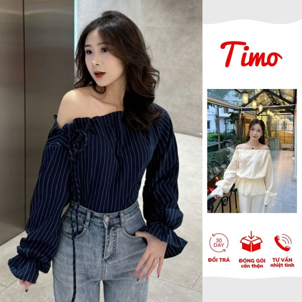 Áo kiểu nữ Timo, Áo sơ mi trễ vai kẻ sọc phong cách thanh lịch chất vải mềm mại thoáng mát  AOT208 | BigBuy360 - bigbuy360.vn