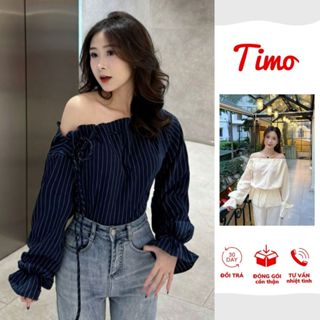 Áo kiểu nữ Timo, Áo sơ mi trễ vai kẻ sọc phong cách thanh lịch chất vải mềm mại thoáng mát  AOT208