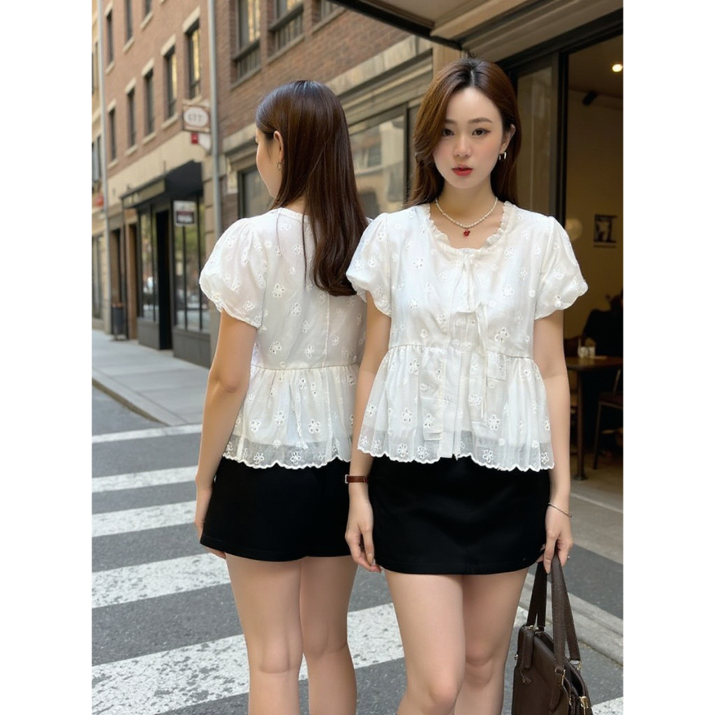 𝑴𝒐𝒏𝒔𝒕𝒂_𝒔𝒕𝒖𝒅𝒊𝒐// Áo Babydoll Nữ AIMEE Tay Bồng Dáng Eo 2 Tầng Cổ V Ren Thắt Nơ Áo Ren Nữ Hàn Quốc