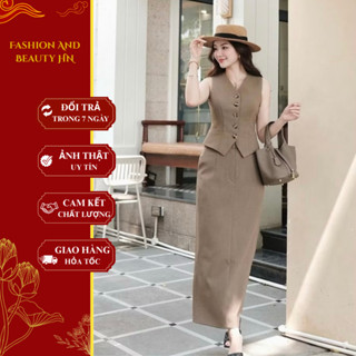 VT250617 - Set Đồ Công Sở Nữ Áo Ghi Lê Sát Nách Phối Chân Váy Dài Ôm Form, Sang Chảnh & Qúy Phái