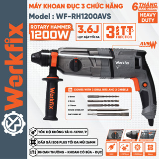 Máy khoan đục bê tông 3 chức năng WORKFIX WF-RH1200AVS, Công suất 1200w, Lực đập 3.6J, Dây điện 5m