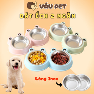 Bát Ăn Cho Chó Mèo 2 Ngăn Lòng Inox Hình Ếch - Bát Đựng Thức Ăn, Uống Nước Cho Chó Mèo Vẩu Pet Shop